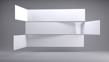 Düz dizayn gri stüdyo alanında yumuşak gölgeli üç yüzen beyaz panel gösteriliyor. Asgari, modern, soyut, gösterişli, profesyonel, temiz, çağdaş