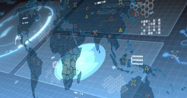 Sanal kontrol odasında parlayan şebeke düzlemi ile dijital dünya haritası arayüzü grafiği gösteriliyor. Futuristik, teknoloji, veri görselleştirme, yenilik, kullanıcı arayüzü, sanal gerçeklik, yüksek teknoloji