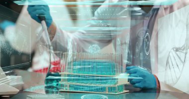 Laboratuvar önlüğündeki kırmızı sıvı bilim adamını mikroplaka ve hologramlarla bankta pipet kullanarak transfer etmek. Biyoteknoloji, yenilik, laboratuvar, bilim, dijital, görselleştirme, araştırma