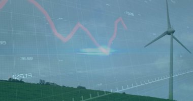 Tepenin yamacında duran rüzgar türbini dijital şebeke, eksen keneleri, veriler, kırmızı çizgi şeması, kopyalama uzayı. Yenilenebilir, teknoloji, sürdürülebilir, yenilik, analitik, çevre, ilerleme