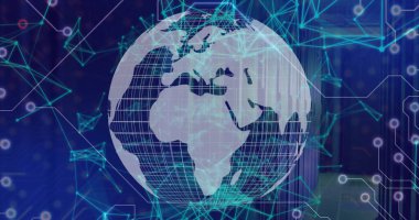 Spinning wireframe globe displaying glowing network lines, hexagonal outlines in virtual interface. Futuristic, technology, connectivity, digital, innovation, abstract, cyber