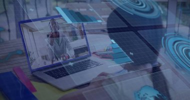 Showing tutor guiding student via laptop call at home study desk with headset and school supplies. Remote learning, education, digital interface, e-learning, study environment, technology, communication