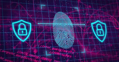 Sanal güvenlik arayüzü görüntüleniyor. Neon ızgarada parmak izi ikonu ve iki kalkan simgesi taranıyor. Siber güvenlik, dijital, fütüristik, teknoloji, koruma, şifreleme, arayüz