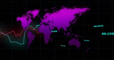 Displaying purple world map over grid at dashboard, fluctuating teal and red lines with data labels. Technology, analytics, data visualization, information, digital interface, business intelligence, futuristic