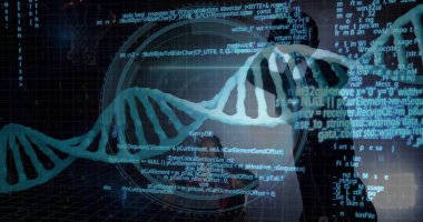 C + + kod parçacıkları ve tarama parçacıkları ile sanal UI içinde yüzen parlayan mavi DNA sarmalı. Gelecek, teknoloji, yenilik, görselleştirme, arayüz, dijital, bilim