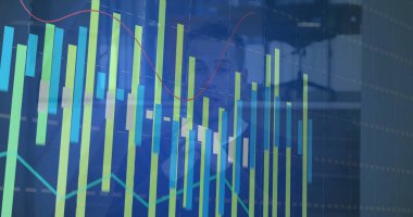 Ofiste dijital bar ve çizgi grafiği gösteriliyor, profesyonel takım elbiseli. Veri analizi, finansal inceleme, iş zekası, gösterge paneli, şirket, modern, teknoloji