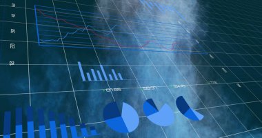 3 boyutlu görselleştirme, etiketli ve sisli, çubuk ve turta grafiklerini sunuyor. Dijital, analitik, modern, soyut, teknoloji, fütüristik, veri odaklı