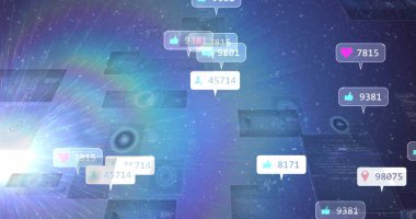 Siber uzayda yüzen nişan simgelerini göstermek. Kalpler yukarı, raptiyeler ve UI panelleri de dahil. Fütürist, dijital, soyut, teknoloji, ağ, arayüz, yenilik