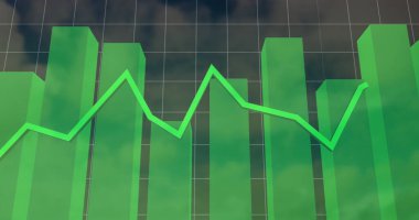 Koyu yeşil çizgi üzerinde yükselen şeffaf yeşil 3D çubuk prizmaları gösteriliyor. Analizler, veri analizi, görselleştirme, bilgi grafikleri, dijital, teknoloji, fütürist