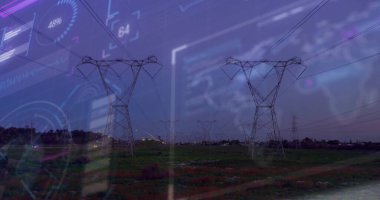 Standing steel power line towers receding across grassy field at dusk, with digital overlay. Industrial, technology, infrastructure, energy, futuristic, urban, innovation