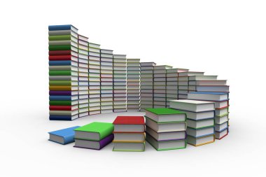 Semi-circular stacks of colorful hardcovers are arching in flat design white backdrop. Books, literature, educational, organized, vibrant, minimalism, display