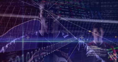 Gripping soccer ball, athlete wearing sports jersey in high tech studio, with holographic screens. Futuristic, sports, technology, performance, analysis, digital, athleticism