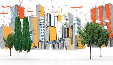 Ağaçların dijital görüntüsü sarı ve turuncu ufuk çizgisine karşı