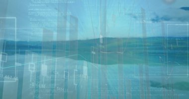Şeffaf çizelgeler ve kod metinleriyle açık okyanus üzerinde süzülen dijital görselleştirme. Teknoloji, veri, analitik, yenilik, fütüristik, finansal, dalgın