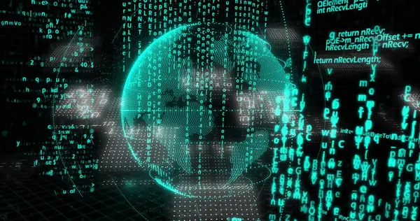 Neon yeşil kablo küresi kod akışları ve nokta matrisleriyle şebeke zemininin üzerinde dönüyor. Fütürist, sibernetik, teknoloji, dijital, soyut, neon, yenilik