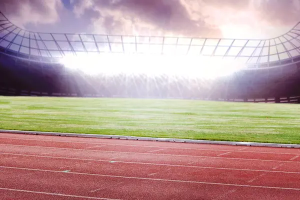Flat design showing empty red running track around green grass field under floodlit glass canopy. Athletics, sports, stadium, infrastructure, competition, outdoor, moderne