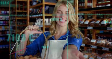 Tezgahtar yumurta tablolarını kavrayıp gövdeyi kaplayan satışları gözünde canlandırıyor. Perakende, ticaret, analitik, veri görselleştirme, profesyonellik, gündelik, parlak