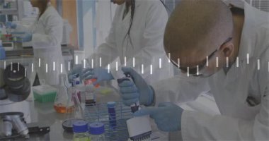 Pipet düğmesine basmak, bilim adamının tüplere sıvı çekmesi, ortağın test için kırmızı solüsyon dökmesi. Bilim adamları, laboratuvar, araştırma, işbirliği, bank, cam eşyalar, hassasiyet