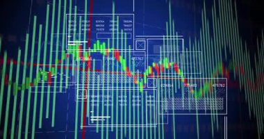 Yeşil çubuklar yükseldiğinde koyu mavi ızgara ekranı doldururken mum hattı tepeleri canlandırıyor. Analizler, finans, veri görselleştirme, gösterge paneli, dijital arayüz, borsa, performans
