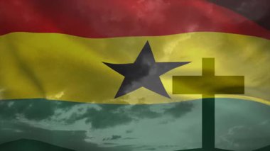 Döngü başladığında, Gana bayrağı bulutlu gökyüzünde dalgalanıyor, çapraz siluet inanç için sabit duruyor. Vatanseverlik, maneviyat, dijital animasyon, kültürel ikon, miras, inanç, ulusal gurur