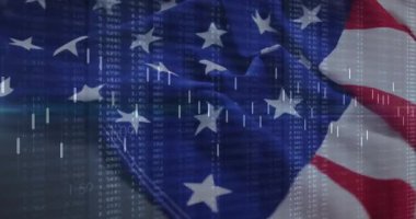 Başlangıçta ABD bayrağı dalgalanan veri akışları artan lens grafikleri piyasa verilerini gösteriyor. Vatanseverlik, finans, dijital alarm, hareketlilik, veri tasviri, milliyetçilik, bilgi