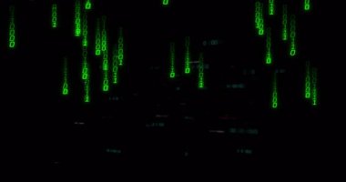 Titrek yeşil çift haneli rakamlar sütunlar oluşturuyor ve aşağı doğru çağlayarak dijital yağmur yaratıyor. Teknoloji, siber güvenlik, veri, soyut, fütürist, kod, dijital