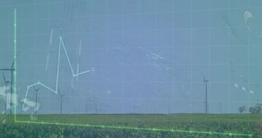 Türbinlerin üzerinden yükselen parlak mavi çizgi grafiği enerji eğilimlerini gösteriyor. Yenilenebilir, sürdürülebilirlik, iklim, teknoloji, eko, çevre, enerji