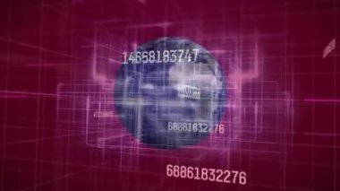 Yüzen kodlarla magenta ızgarası açılıyor. Ağ verilerini gösteren dönen dünyayı ateşliyor. Fütürist, dijital, teknoloji, siber alan, soyut, yenilik, ağ