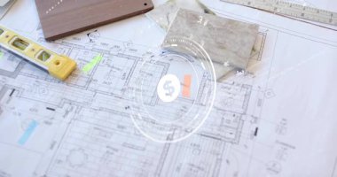 Planın odak noktasında, dijital dolar bütçe içgörüsü için para birimi simgeleriyle örtüşüyor. Mimari, plan, inşaat, tasarım, planlama, finans, yenilik