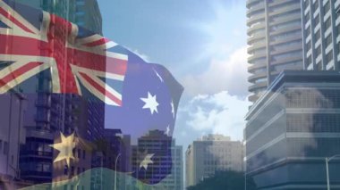 Güneşli ufuk çizgisi yarı saydam Avustralya bayrağını sallıyor ve esintiyi taklit etmek için dalgalanıyor. Kentsel, mimari, vatanseverlik, modern, siluet, ışık, kutlama