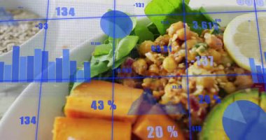 Başlangıç çizelgelerinde bozulma, kamera kayması, beslenme kavrayışları için avokado merkezi. Sağlıklı, beslenme, veri görselleştirme, sağIık, organik, modern, taze