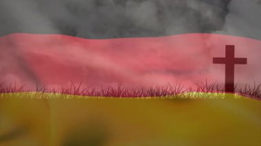 Hafif rüzgar, çimenli ufukta dalgalanan bayrak dalgaları ve dumanlı gökyüzünün altında çapraz siluet oluşturuyor. Vatanseverlik, sembolizm, hareket, fırtına, manzara, kontrastlık, esneklik