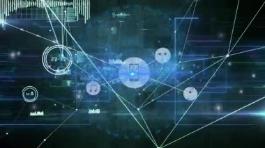 Parlayan merkez veri panellerini başlatıyor, ağ hatları genişliyor, düğümler titreşerek 3 boyutlu ağ oluşturuyor. Teknoloji, veri, dijital, bağlantı, yenilik, siber alan, ağ