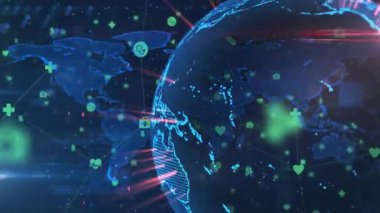 ... küresel sağlık ağını gösteren kırmızı ışınlar ve tıbbi simgelerle dönen dünyayı gösteren bir harita. Dijital, küresel, bağlantı, geleceksel, tıbbi, ağ, teknoloji