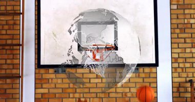 Yarı saydam bir küre görünür ve döner, turuncu top çemberin içinden ağ gerilerek geçer. Spor, atletik, kentsel, modern, takım çalışması, dinamik, enerjik