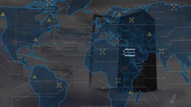 Sunucu kapısı sallanarak açılıyor dünya haritası genişliyor ve simgeler küresel bağlantıları gösteriyor. Bulut hesaplama, veri ağı, dijital altyapı, küresel bağlantı, teknoloji, siber güvenlik, yüksek teknoloji