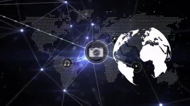 Kamera düğümü, dünya çapında medya akışını gösteren ağ akışı başlatan medya düğümlerini gösteriyor. Dijital, geleceksel, bağlantı, teknoloji, soyut, yenilik, iletişim