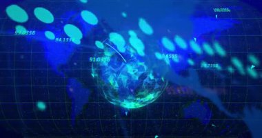 Başlangıçta, küresel veri akışını görselleştirmek için hareket eden şeffaf yüzlü, süpürme düğümleri ortaya çıkıyor. Biyometrik, geleceksel, teknoloji, dijital, ağ, soyut, yenilik