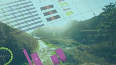 Yol üzerinde görünen şebeke örtüsü, 3 boyutlu çubuk grafiklerinin yükselen pasta grafiklerinin analitik olarak ortaya çıkmasına neden oluyor. Veri görselleştirme, analitik, bilgi grafikleri, teknik, modern, tahmin, dijital