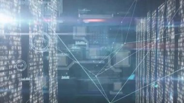 Olay yeri yükleme veri ağı arayüzünde parlayan düğümler oluşturan, veri akışını görselleştirmek için satırları bağlayan. Teknoloji, siber uzay, ağ, fütüristik, dijital, görselleştirme, yenilik
