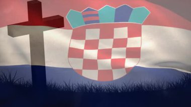 Hırvat bayrağını dalgalandıran rüzgar, dalgalanan arma kayması onursal anıtı. Vatanseverlik, sembolizm, miras, anıt, açık hava, manzara, akış