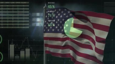 Dalgalanan Amerikan bayrağı finans paneli animasyon ölçümleri küresel verileri görselleştiriyor. Vatanseverlik, teknoloji, finans, analitik, görselleştirme, mobil, yenilik