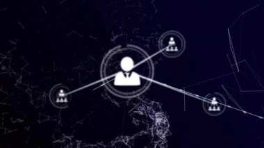 Merkezi simge göründüğünde, halkalar genişliyor ve düğümlere doğru çizgiler genişliyor, ağ genişliyor. Teknoloji, bağlantı, soyut, yenilik, siber güvenlik, dijital, fütüristik