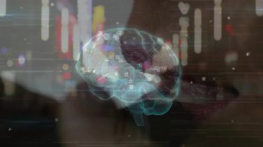 Başlangıçta holografik beyin, tıbbi teknik notlar için çizgileri döndürür ve ikonlara uzatır. Nörobilim, görselleştirme, yenilik, dijital, bilim, teknoloji, arayüz