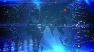 Mavi lens parlaması neon harita genişlemesi, kaydırma kodu ve veri ağını gösteren yanıp sönen düğümler. Teknoloji, yenilik, siber alan, veri, bağlantı, görselleştirme, dijital