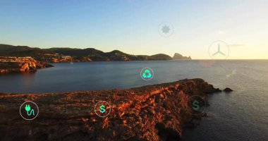 Çöken buji simgesi kıyı boyunca para işaretleri belirmeye başlıyor, simgeler yeşil ekonomiyi görselleştiriyor. Eko, sürdürülebilirlik, yenilenebilirlik, çevre, enerji, koruma, modern