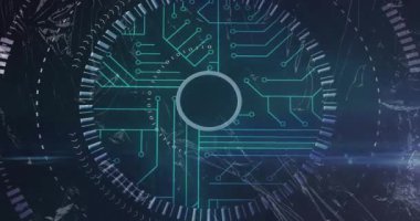 Dairesel dijital arayüzü çalıştırmak, devreleri döndürmek ve veri akışını simule etmek. Teknoloji, yenilik, fütürizm, siber, veri, dijital, soyut