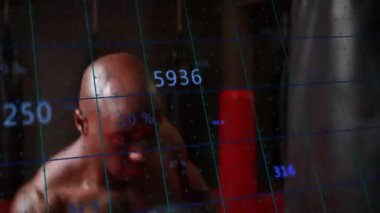 Boksörün torbaya vurması, spor analizi için çizgi ve istatistikleri tetikliyor. Sporcu, fitness, determination, power, training, resistance, technology