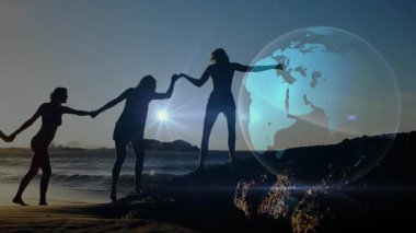 Günbatımı figürü grup oluşturma zincirini oluştururken teknoloji küresi ağ yaylarını canlandırıyor. İşbirliği, birlik, güçlendirme, bağlantı, destek, arkadaşlık, takım çalışması