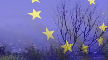 Sarı yıldız beliriyor, yıldızları başlatıyor ağaç etrafında daireler çizerek gökyüzü süslemesi oluşturuyor. Siluet, şenlik, soyut, hareket, alacakaranlık, dekoratif, ortam